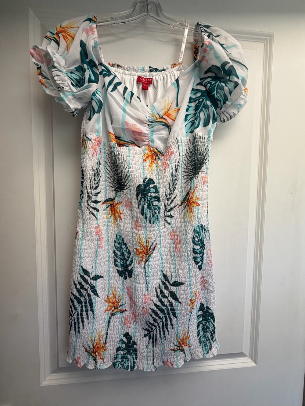 Guess White Tropical Print Smocked Mini Dress with Teal & Orange Accents